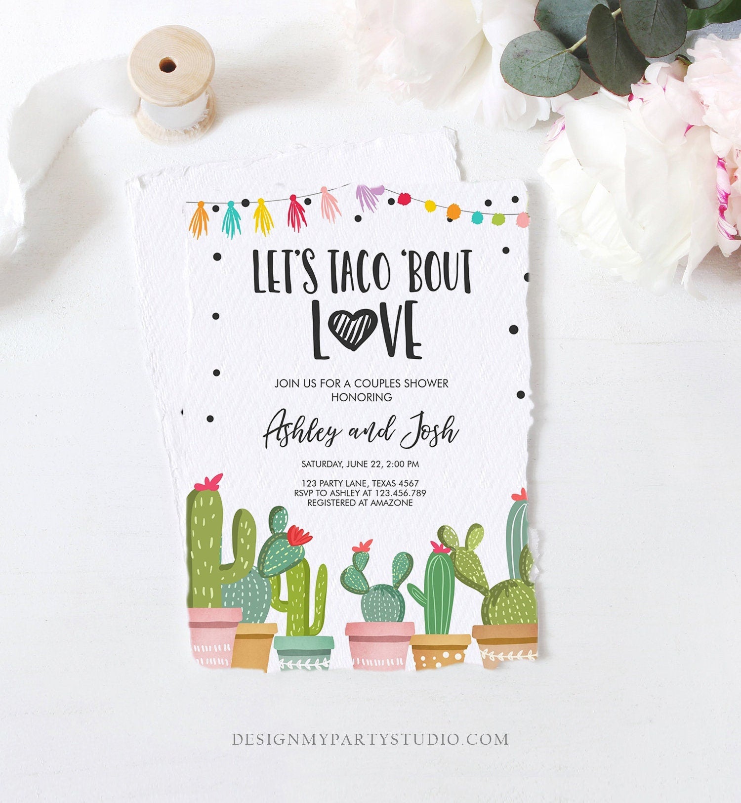 Editable Taco Bout Love Couples Shower Invitation Fiesta Cactus Succulent Mexican Green Pink Digital Download Corjl Template Printable 0254