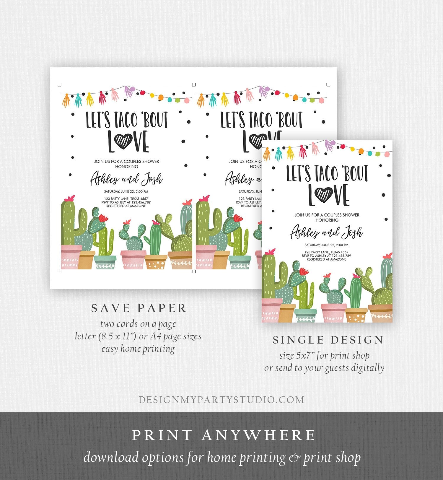 Editable Taco Bout Love Couples Shower Invitation Fiesta Cactus Succulent Mexican Green Pink Digital Download Corjl Template Printable 0254