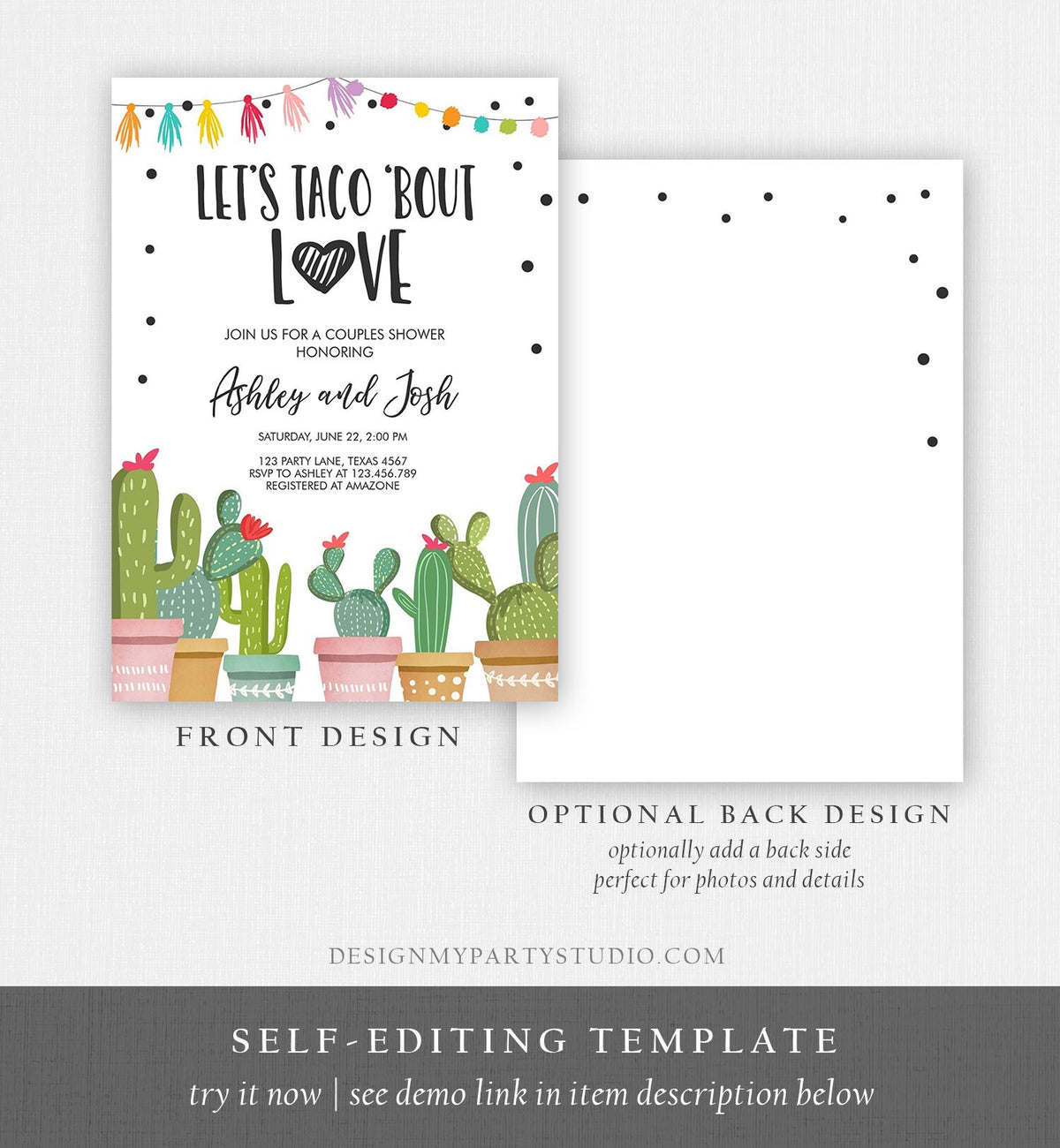 Editable Taco Bout Love Couples Shower Invitation Fiesta Cactus Succulent Mexican Green Pink Digital Download Corjl Template Printable 0254