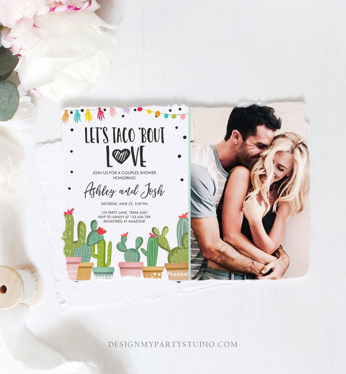 Editable Taco Bout Love Couples Shower Invitation Fiesta Cactus Succulent Mexican Green Pink Digital Download Corjl Template Printable 0254