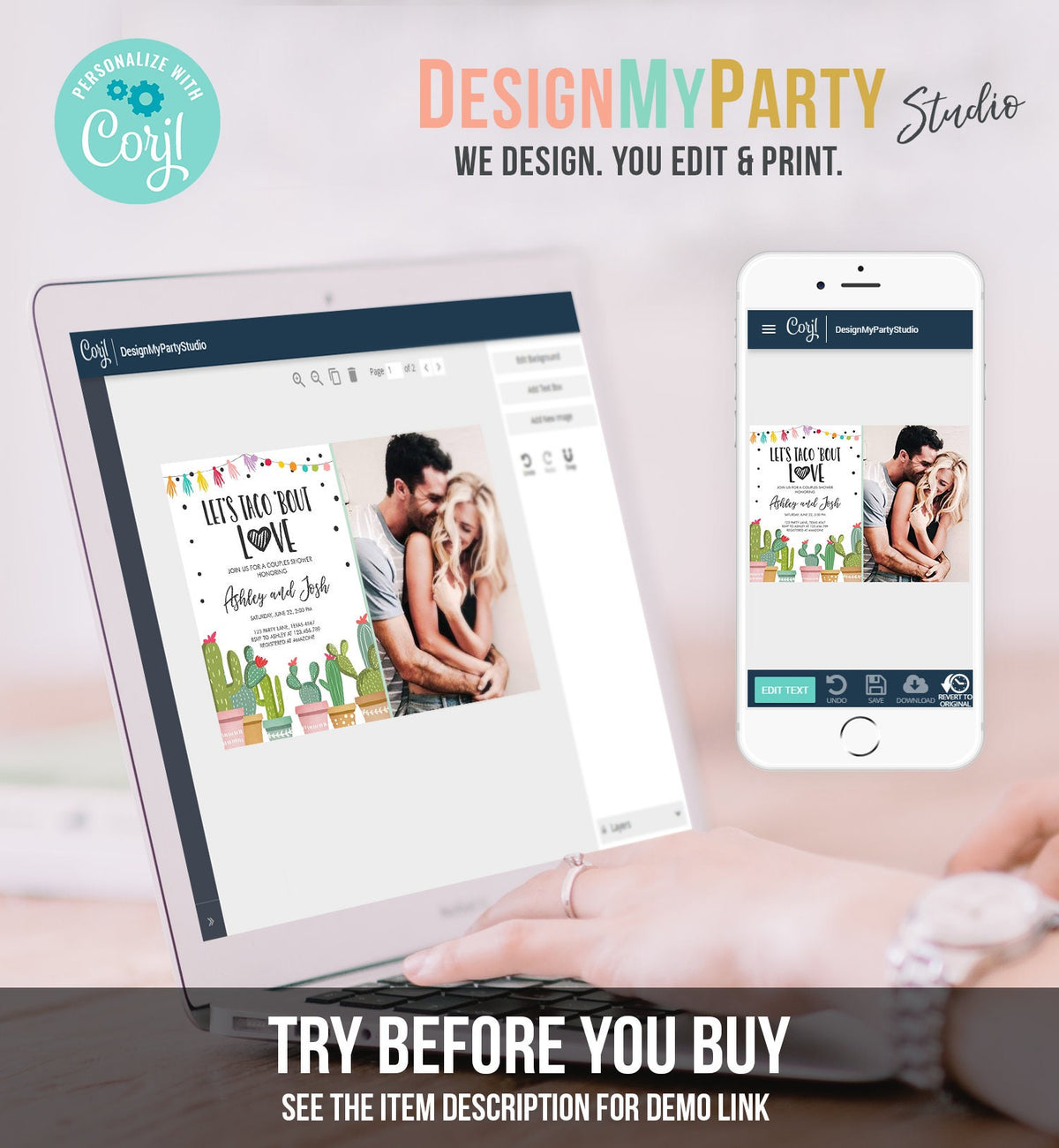 Editable Taco Bout Love Couples Shower Invitation Fiesta Cactus Succulent Mexican Green Pink Digital Download Corjl Template Printable 0254