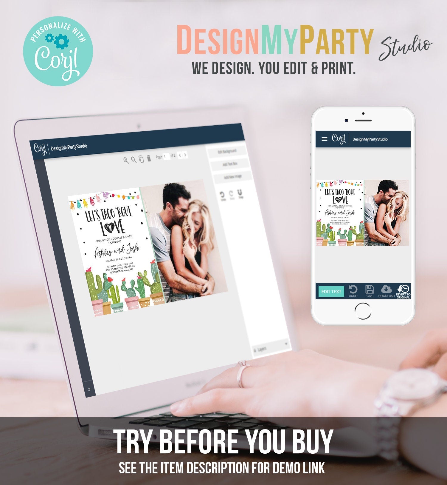 Editable Taco Bout Love Couples Shower Invitation Fiesta Cactus Succulent Mexican Green Pink Digital Download Corjl Template Printable 0254