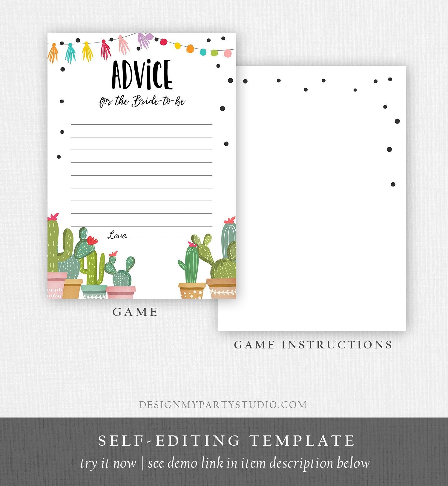 Editable Advice for the Bride Game Card Words of Wisdom Cactus Succulent Fiesta Bridal Shower Game Mexican Digital Template Printable 0254