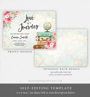 Editable Love is a Journey Bridal Shower Invitation Travel Adventure Gold Confetti Pink Floral Suitcases Download Corjl Template 0030