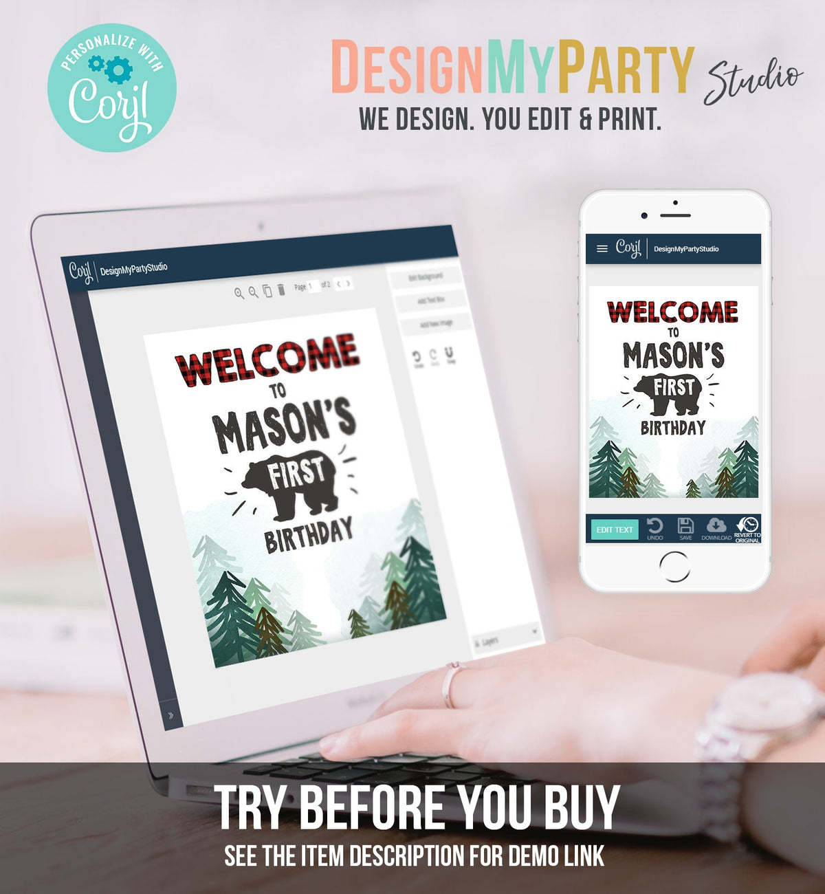 Editable Lumberjack Welcome Sign Lumberjack Birthday Sign Buffalo Plaid 1st Birthday Bear Wild One Trees Template Printable Corjl 0377