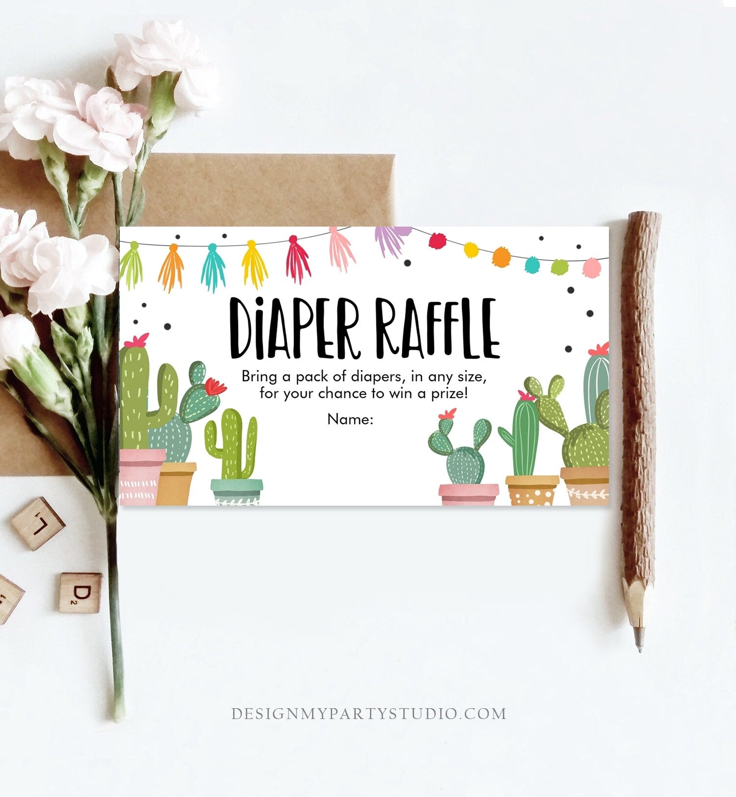 Editable Cactus Diaper Raffle Ticket Cactus Fiesta Baby Shower Game Insert Succulent Couples Shower Digital Download Template Printable 0254