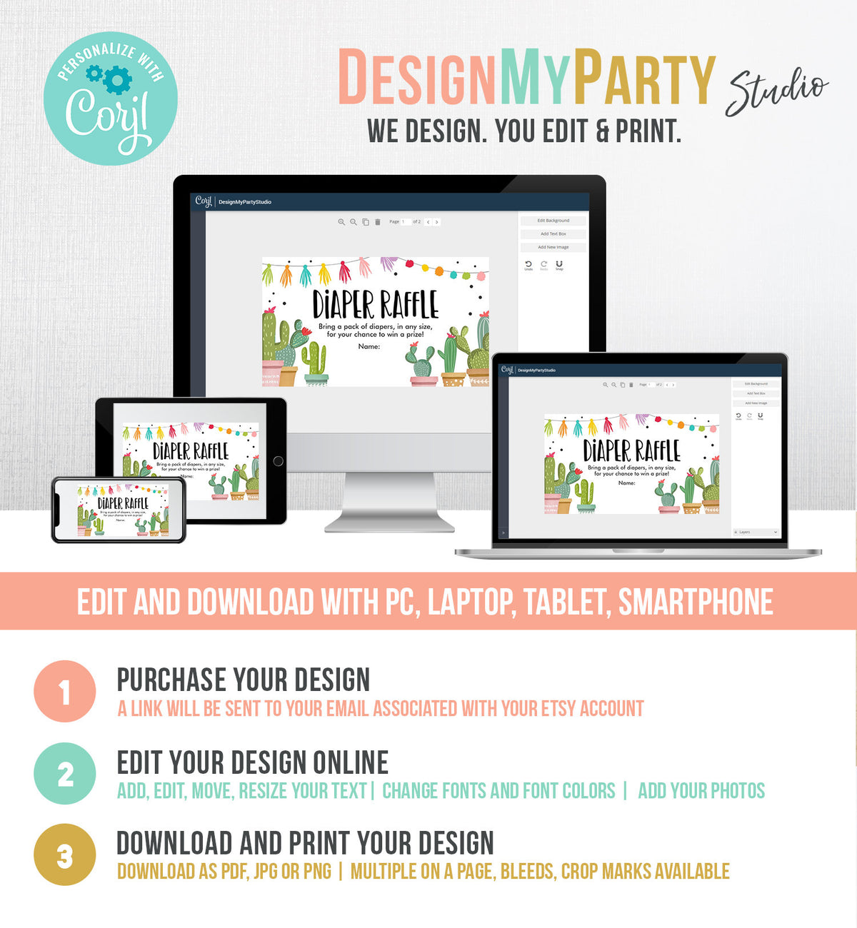 Editable Cactus Diaper Raffle Ticket Cactus Fiesta Baby Shower Game Insert Succulent Couples Shower Digital Download Template Printable 0254