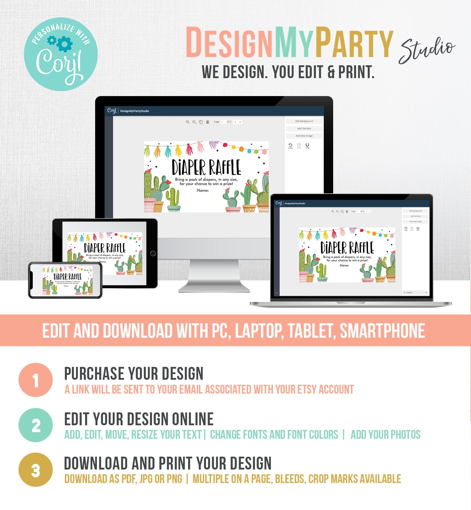 Editable Cactus Diaper Raffle Ticket Cactus Fiesta Baby Shower Game Insert Succulent Couples Shower Digital Download Template Printable 0254