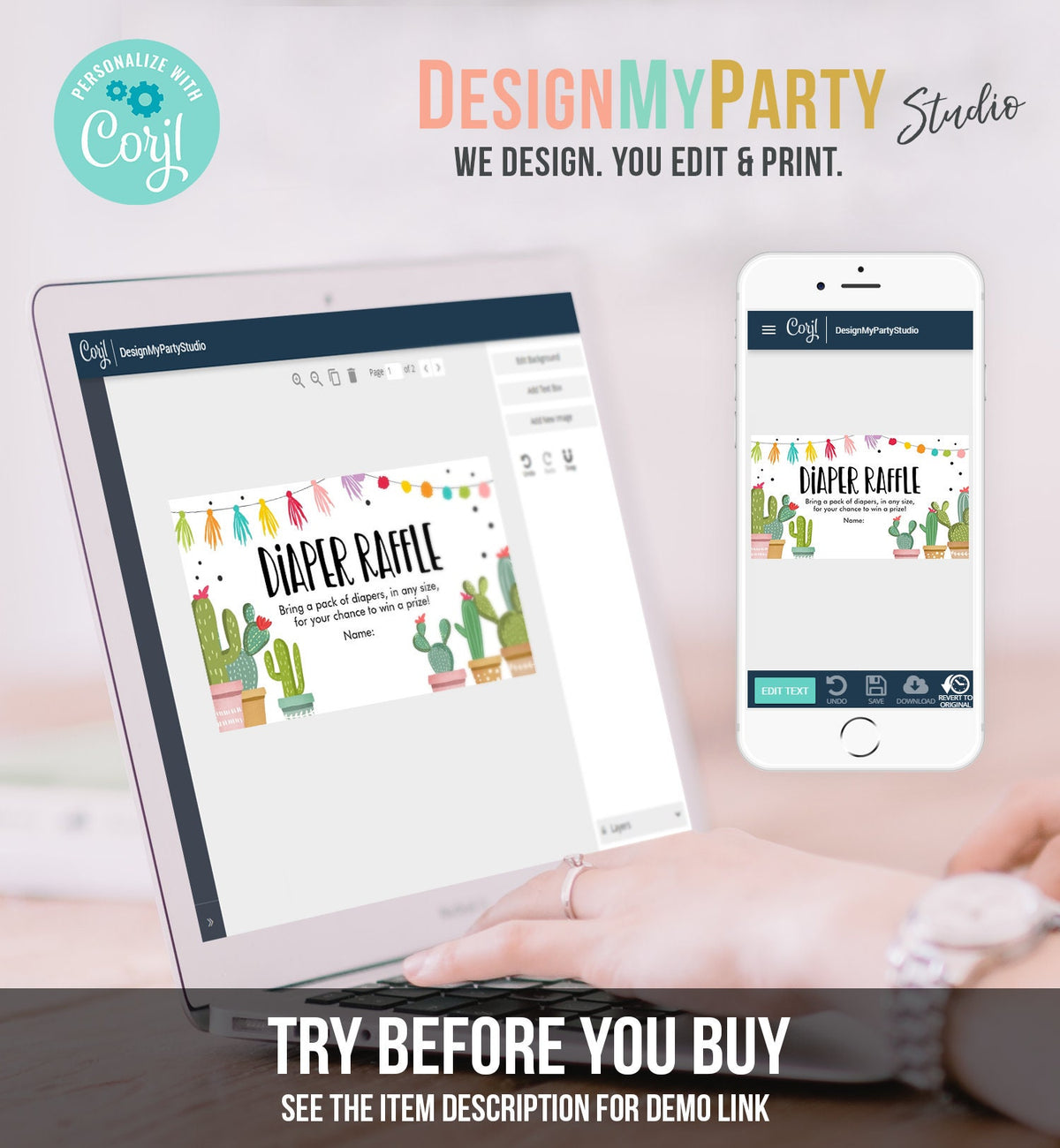 Editable Cactus Diaper Raffle Ticket Cactus Fiesta Baby Shower Game Insert Succulent Couples Shower Digital Download Template Printable 0254