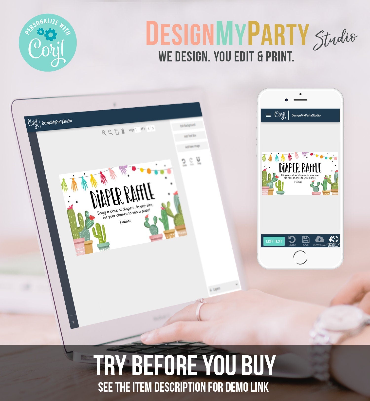 Editable Cactus Diaper Raffle Ticket Cactus Fiesta Baby Shower Game Insert Succulent Couples Shower Digital Download Template Printable 0254