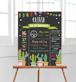 Editable Cactus Fiesta Birthday Milestones Sign First Birthday Poster 1st Birthday Mexican Pink Girl Chalk Corjl Template Printable 0254