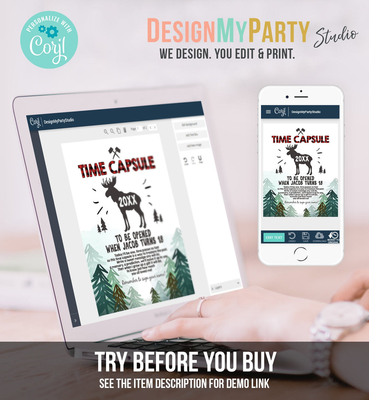 Editable Lumberjack Time Capsule 1st First Birthday Woodland Moose Trees Buffalo Plaid Guestbook Digital Download Template Printable 0377