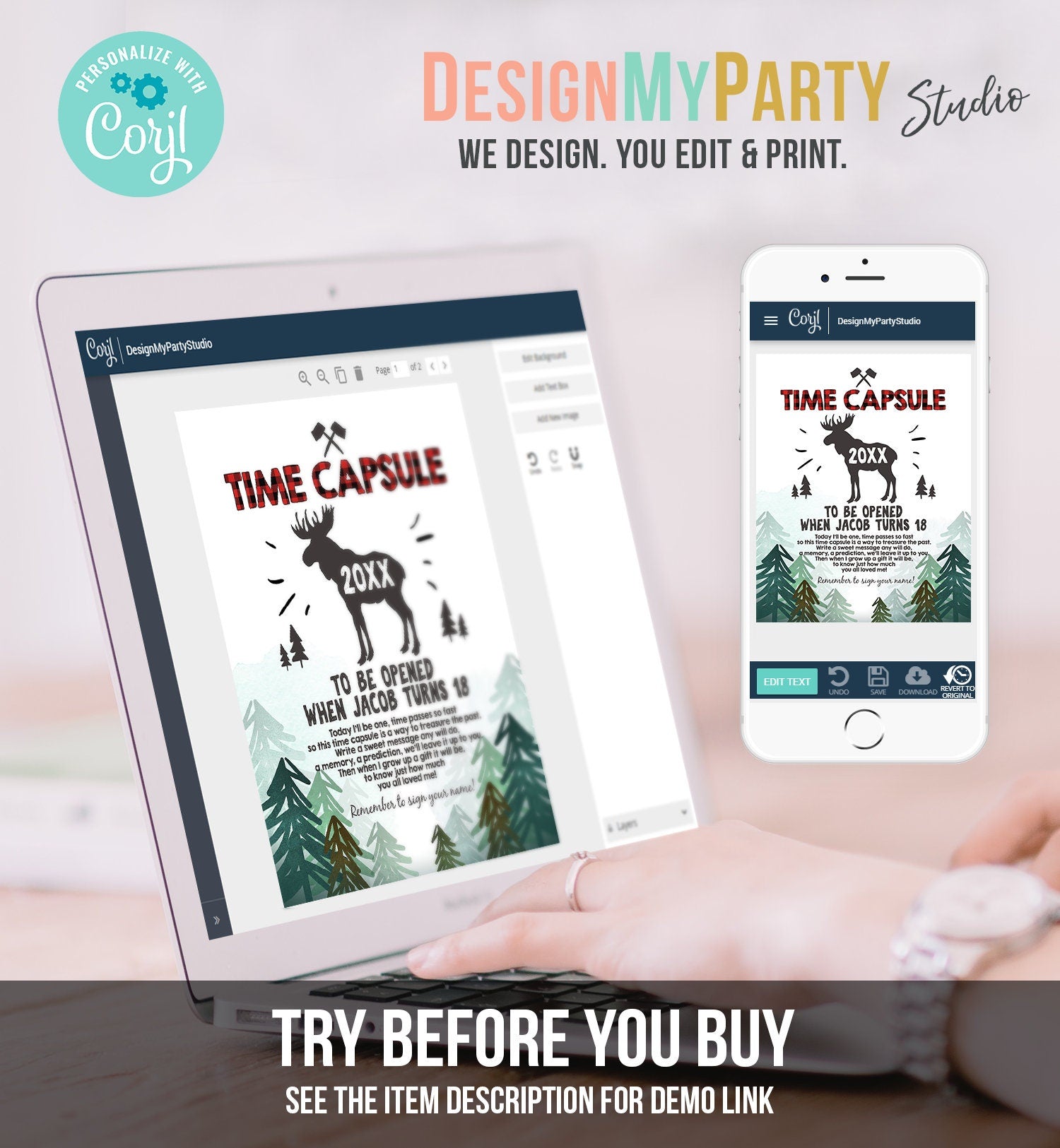 Editable Lumberjack Time Capsule 1st First Birthday Woodland Moose Trees Buffalo Plaid Guestbook Digital Download Template Printable 0377