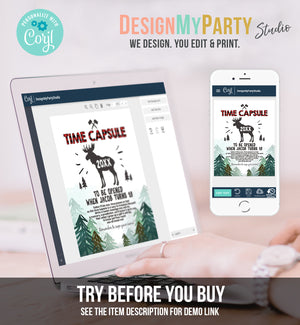 Editable Lumberjack Time Capsule 1st Birthday Party Game Moose Trees Buffalo Plaid Guestbook Digital Download Corjl Template Printable 0377
