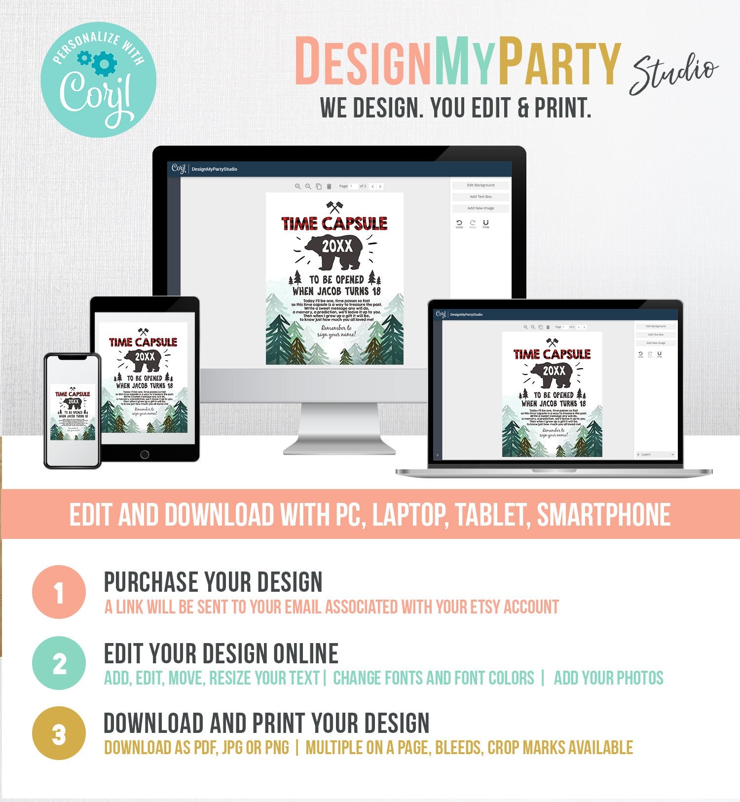 May include: A printable time capsule card with a red and black buffalo plaid pattern. The card features a black silhouette of a bear with the text &#39;Time Capsule 20XX&#39; above it. The card also features the text &#39;To be opened when Jacob turns 18.&#39; and a message about writing a memory or prediction for Jacob to read when he turns 18. The card includes a separate section for writing a message to Jacob.