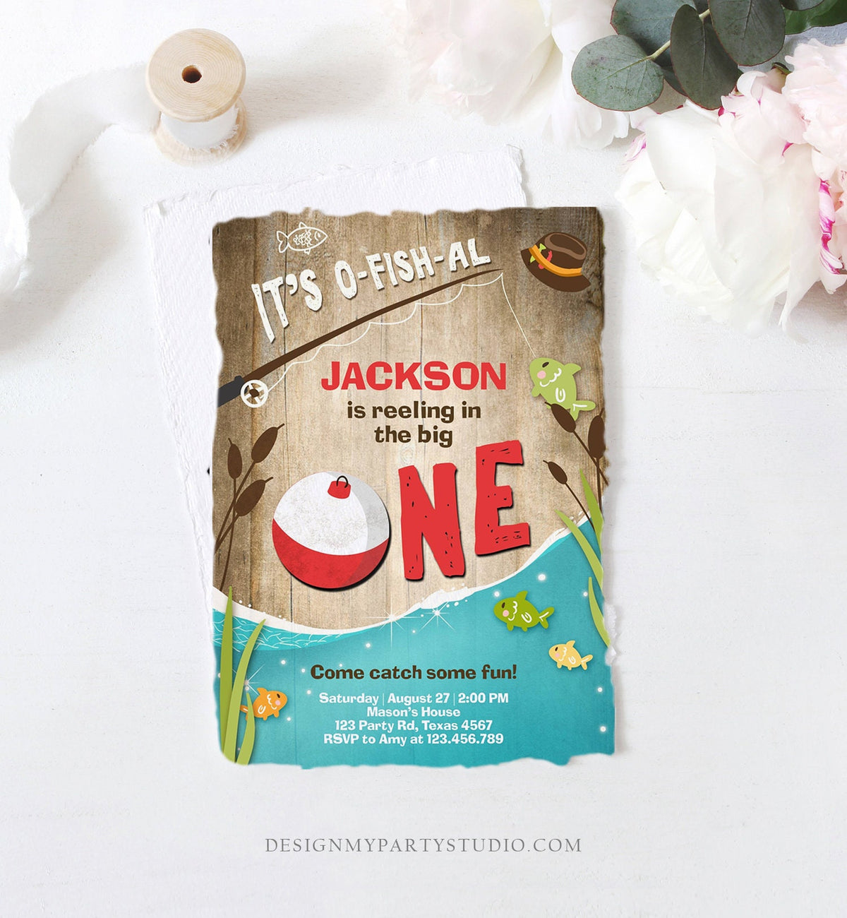 Editable First Birthday Fishing Invitation Fishing Party The Big One O-fish-al Gone Fishing Boy Download Printable Template Corjl 0080