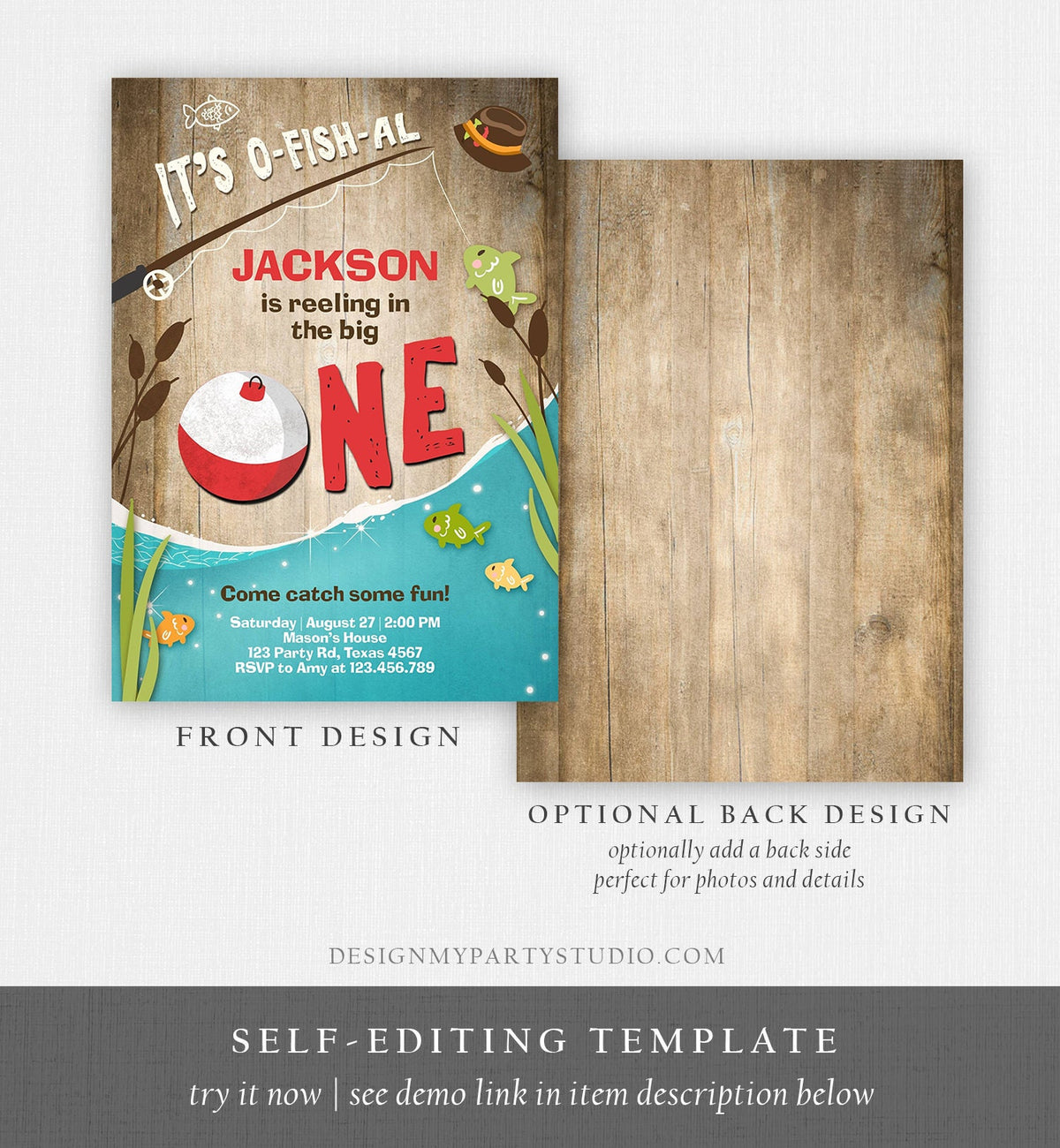 Editable First Birthday Fishing Invitation Fishing Party The Big One O-fish-al Gone Fishing Boy Download Printable Template Corjl 0080