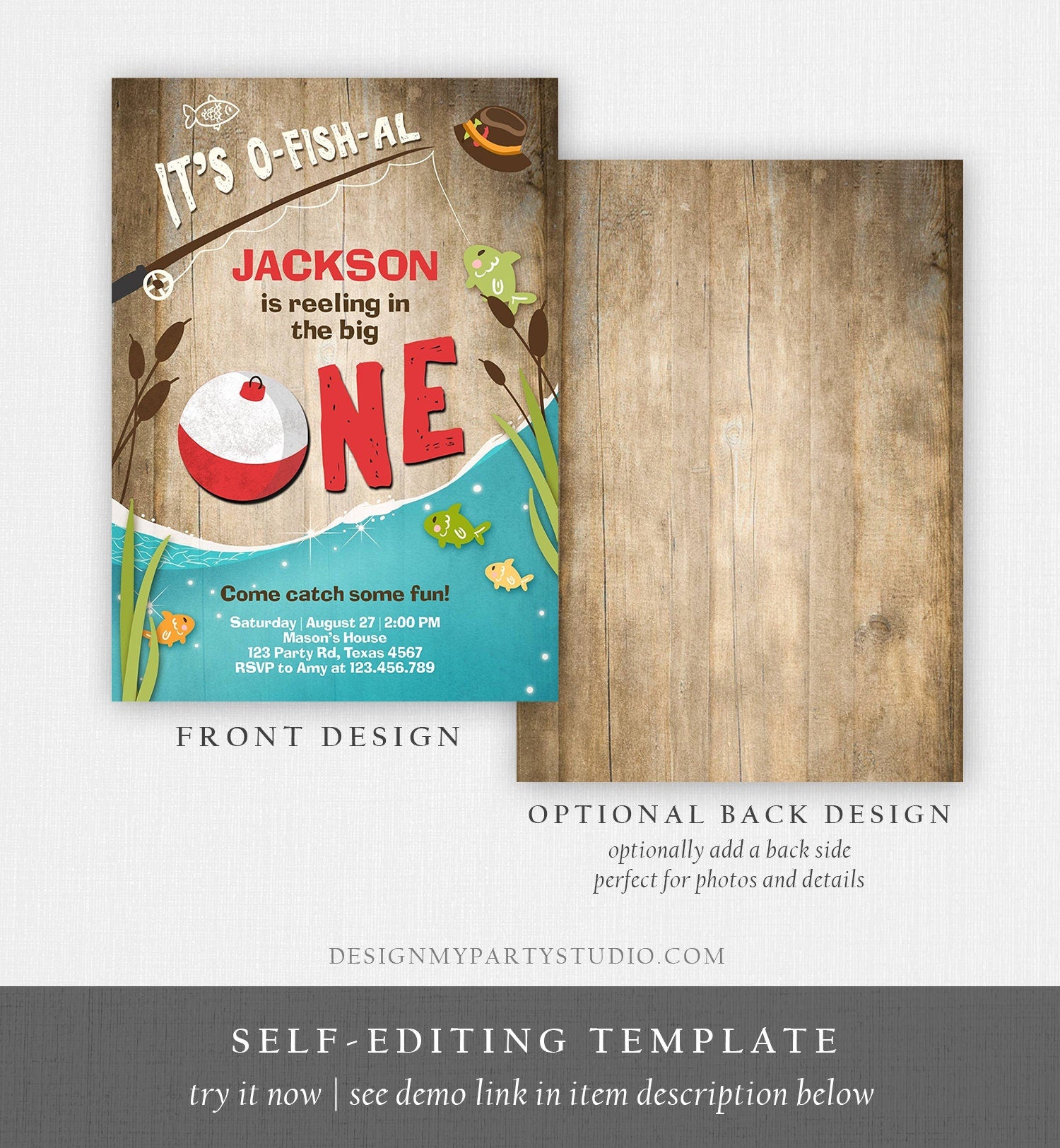 Editable First Birthday Fishing Invitation Fishing Party The Big One O-fish-al Gone Fishing Boy Download Printable Template Corjl 0080