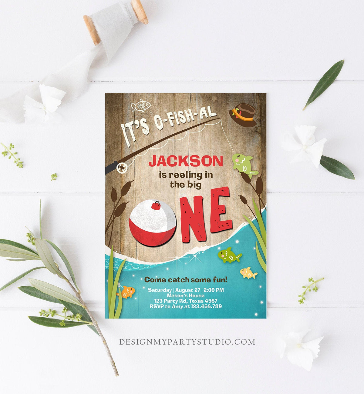 Editable First Birthday Fishing Invitation Fishing Party The Big One O-fish-al Gone Fishing Boy Download Printable Template Corjl 0080