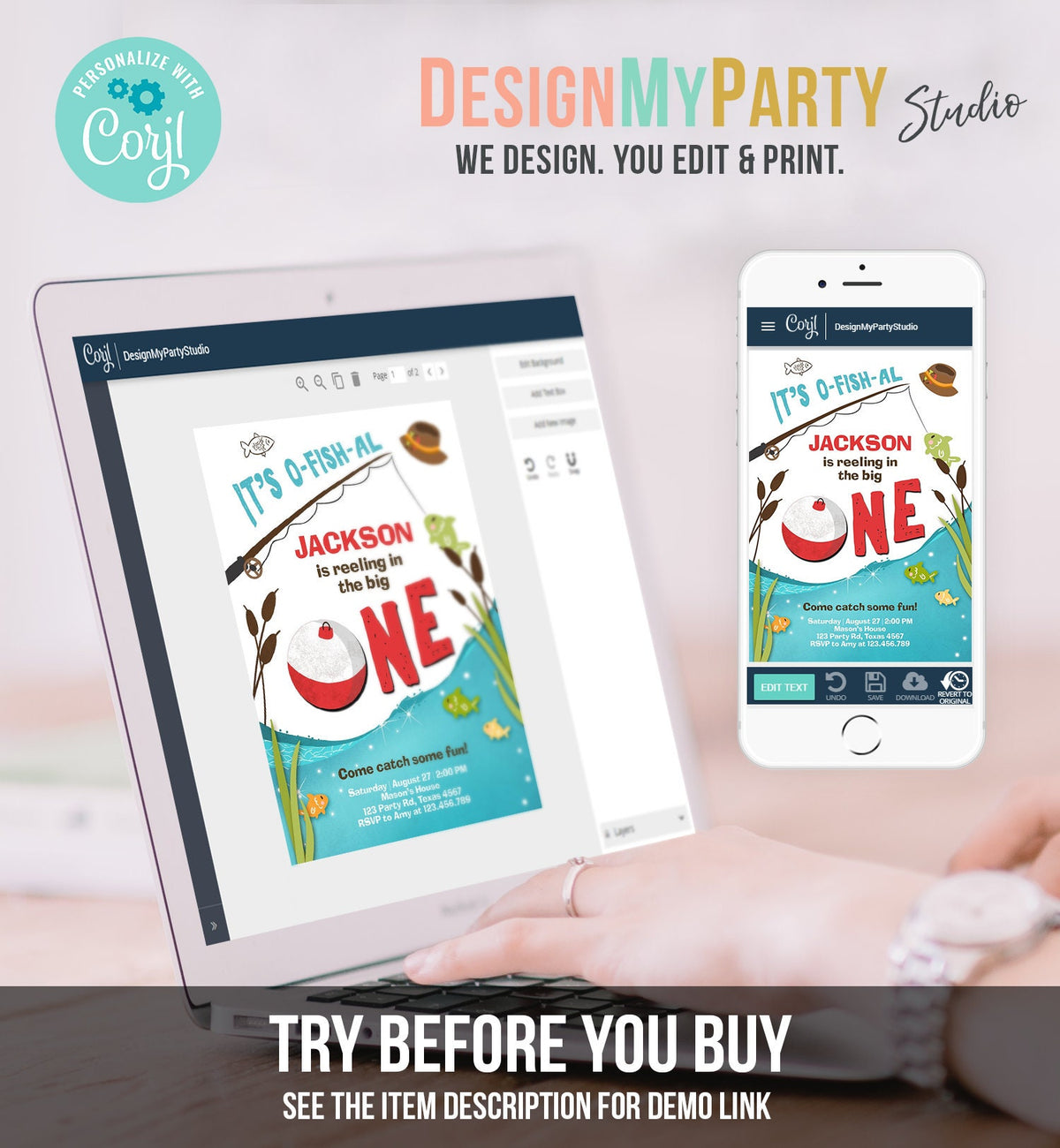 Editable First Birthday Fishing Invitation Fishing Party The Big One O-fish-al Gone Fishing Boy Download Printable Template Corjl 0080