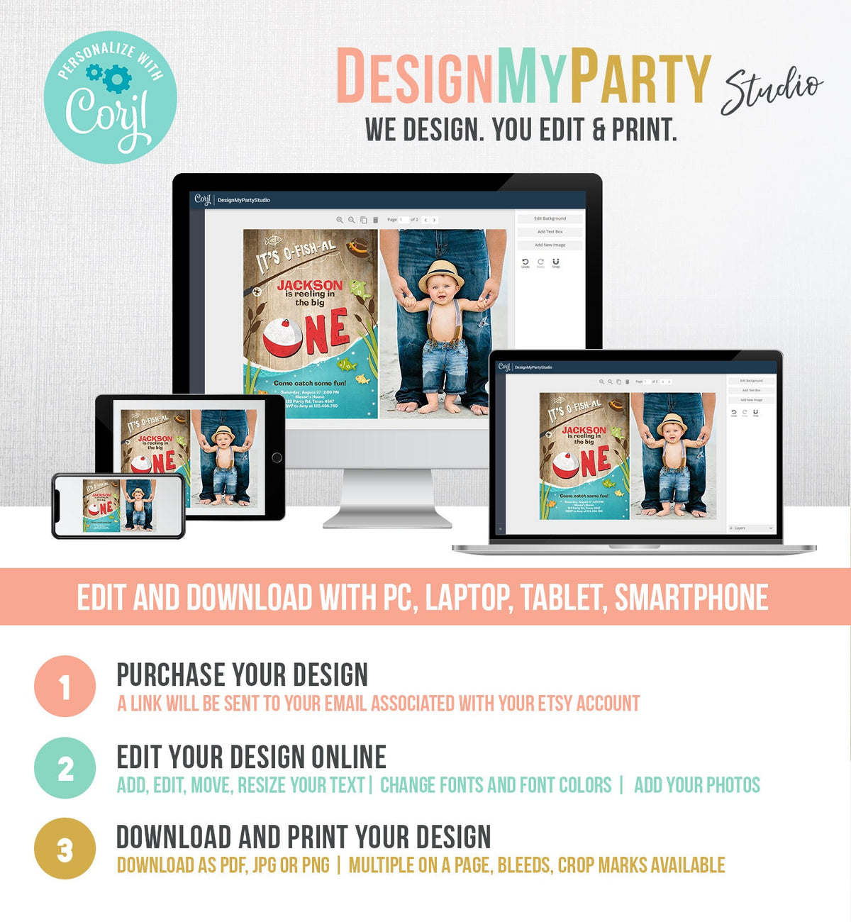 Editable First Birthday Fishing Invitation Fishing Party The Big One O-fish-al Gone Fishing Wood Boy Download Printable Template Corjl 0080