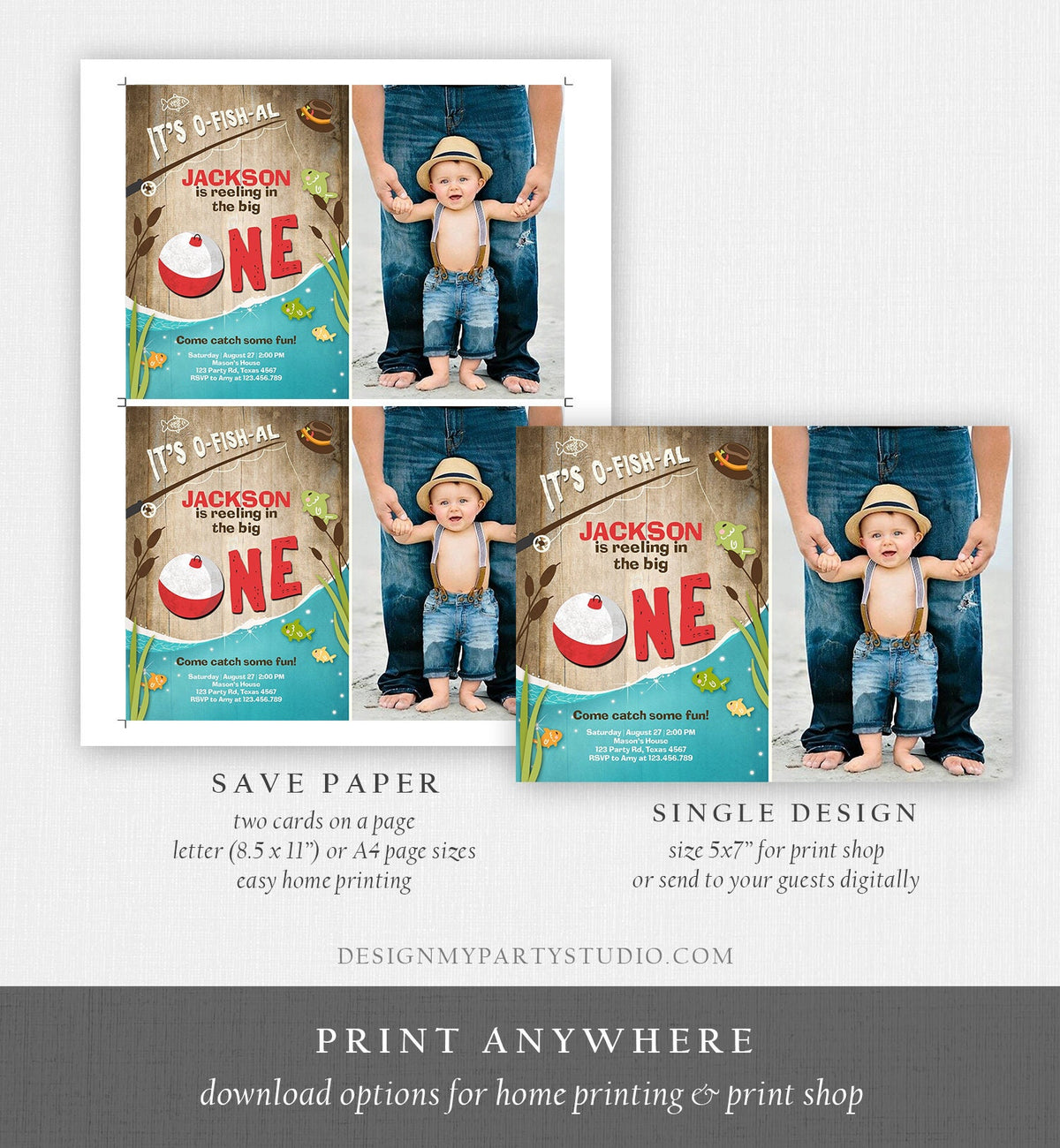 Editable First Birthday Fishing Invitation Fishing Party The Big One O-fish-al Gone Fishing Wood Boy Download Printable Template Corjl 0080