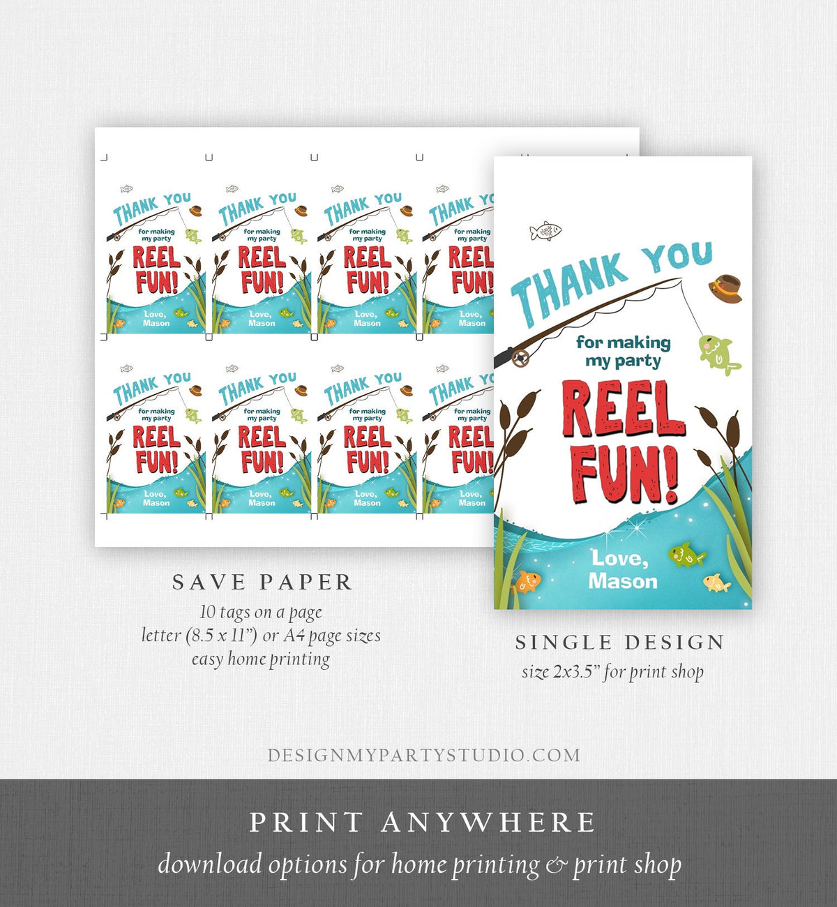 Editable Reel Fun Fishing Favor Tag Fishing Birthday Thank You Tag Gone Fishing Party Fish Reeling Big One Boy Template Corjl Printable 0080