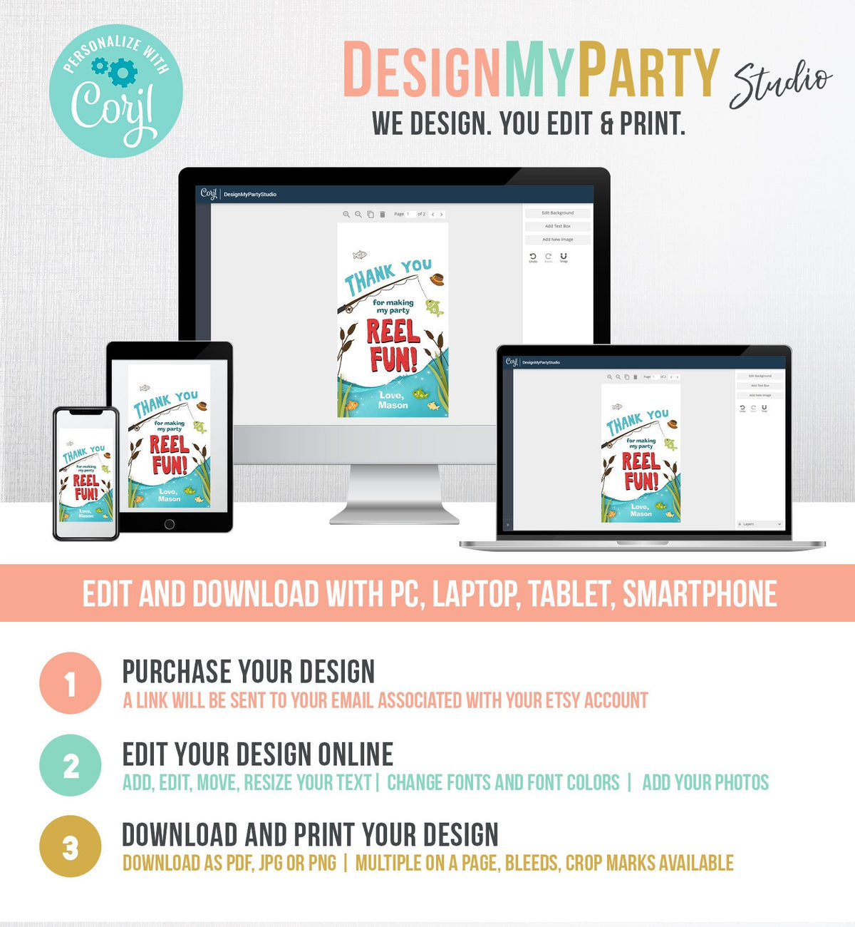 Editable Reel Fun Fishing Favor Tag Fishing Birthday Thank You Tag Gone Fishing Party Fish Reeling Big One Boy Template Corjl Printable 0080