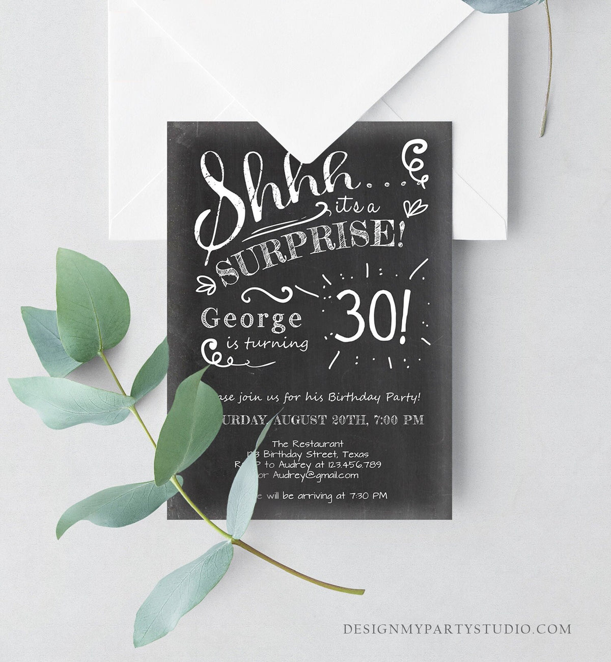 Editable ANY AGE Surprise Birthday Invitation Chalk Rustic Adult 30th Thirty Vintage Party Photo Shhh Download Printable Corjl Template 0102