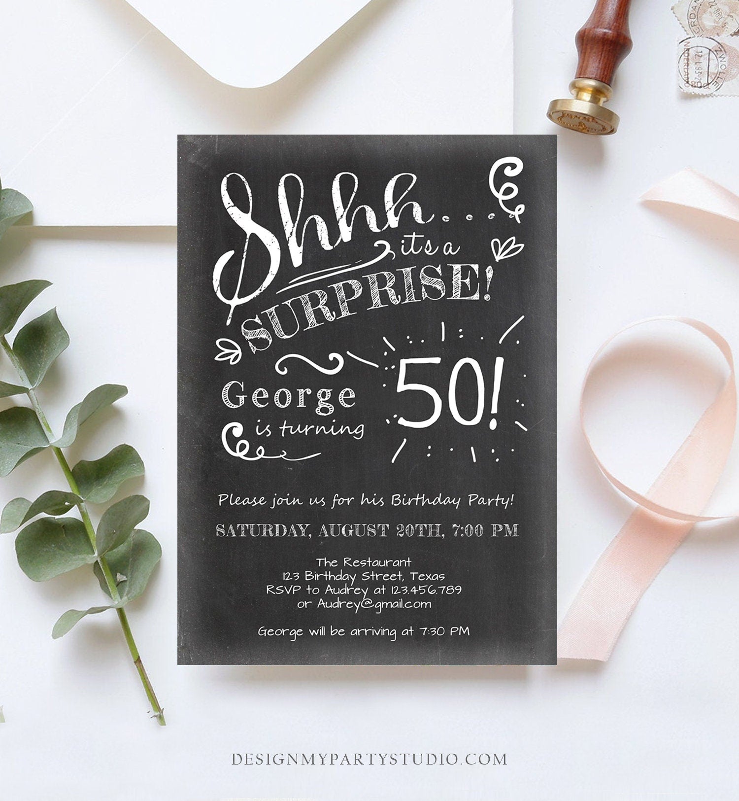 Editable ANY AGE Surprise Birthday Invitation Chalk Rustic Adult 50th Fifty Vintage Party Photo Shhh Download Printable Corjl Template 0102