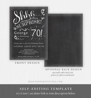 Editable ANY AGE Surprise Birthday Invitation Chalk Rustic Adult 70th Seventy Vintage Party Photo Download Printable Corjl Template 0102