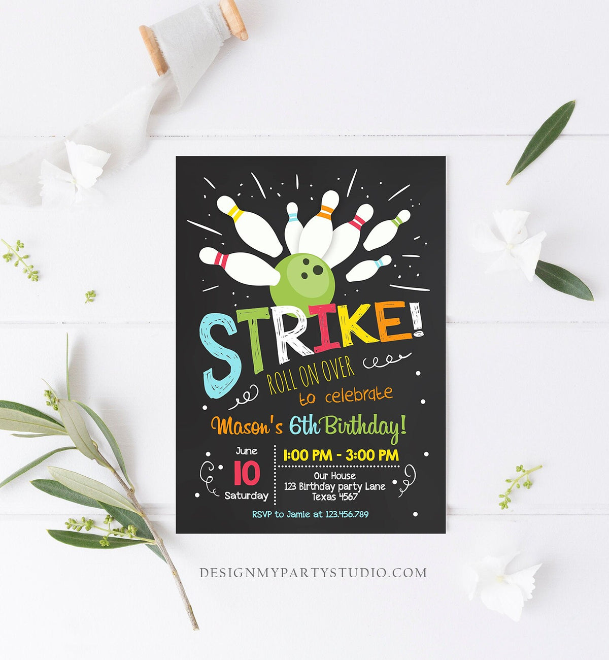 Editable Bowling Birthday Invitation Boy Red Blue Bowling Party Strike Kids Birthday Digital Download Corjl Template Printable 0081