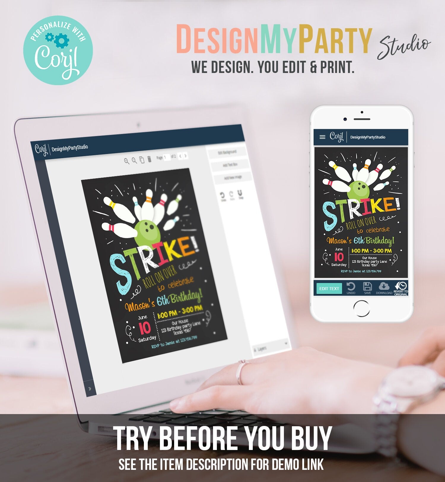 Editable Bowling Birthday Invitation Boy Red Blue Bowling Party Strike Kids Birthday Digital Download Corjl Template Printable 0081