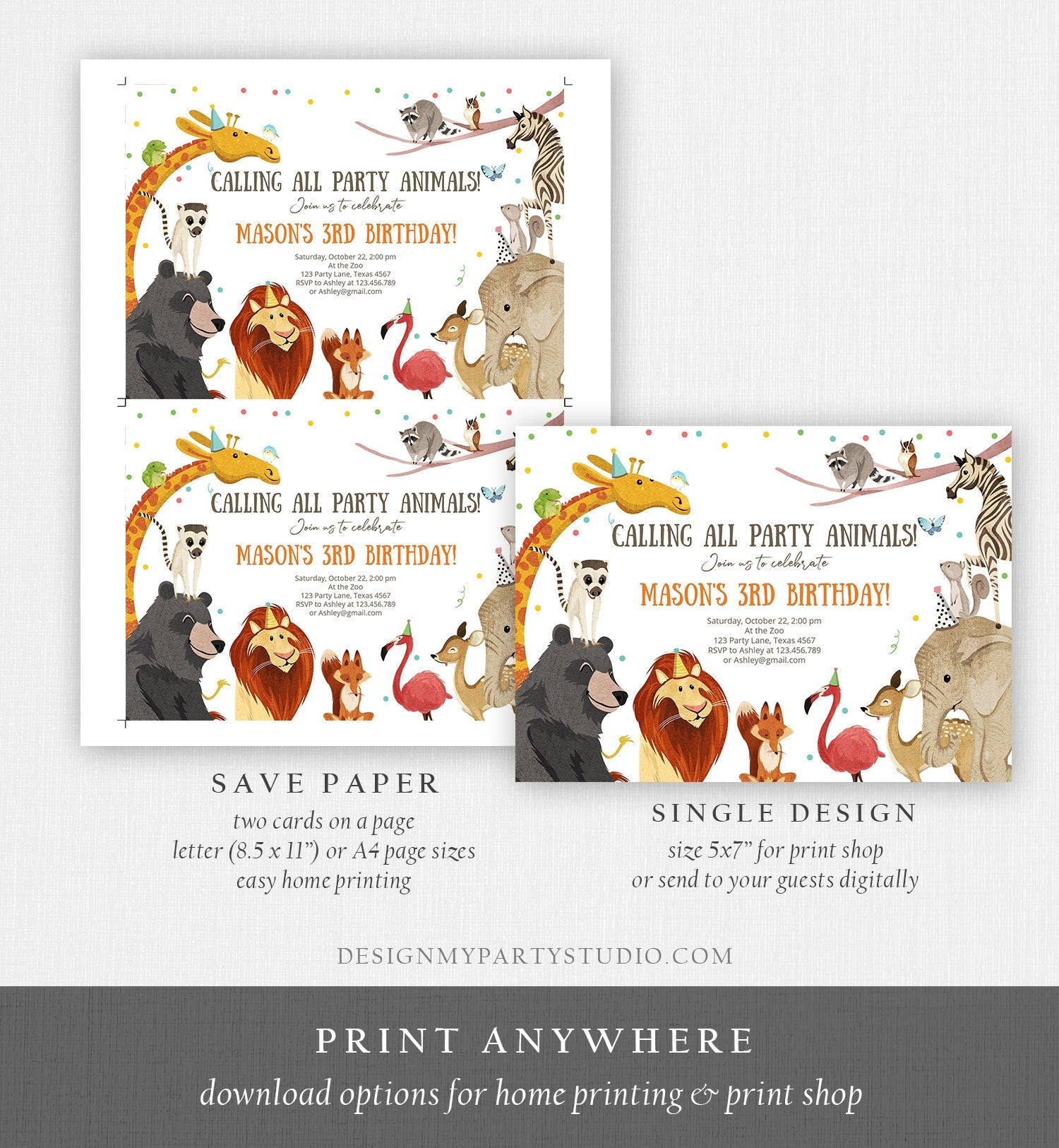 Editable Calling All Party Animals Birthday Invitation Wild One Safari Animals Safari Party Digital Download Evite Template Printable 0196