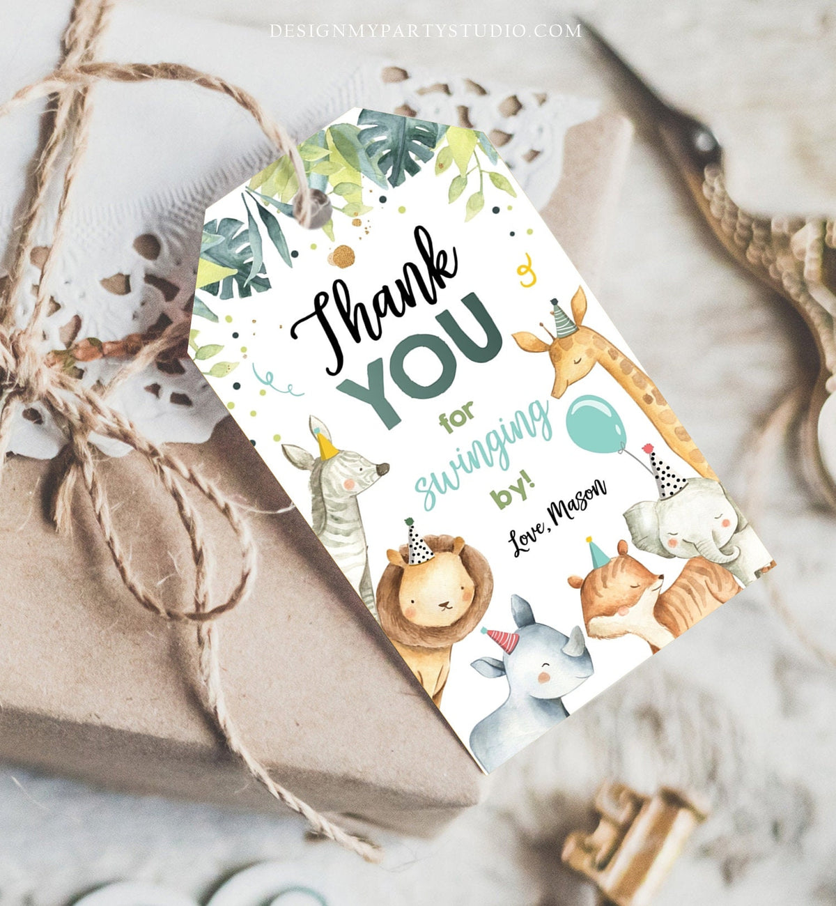 Editable Safari Animals Favor Tag Wild One Party Animals Birthday Thank You Tag Watercolor Boy Digital Download Template Printable 0163