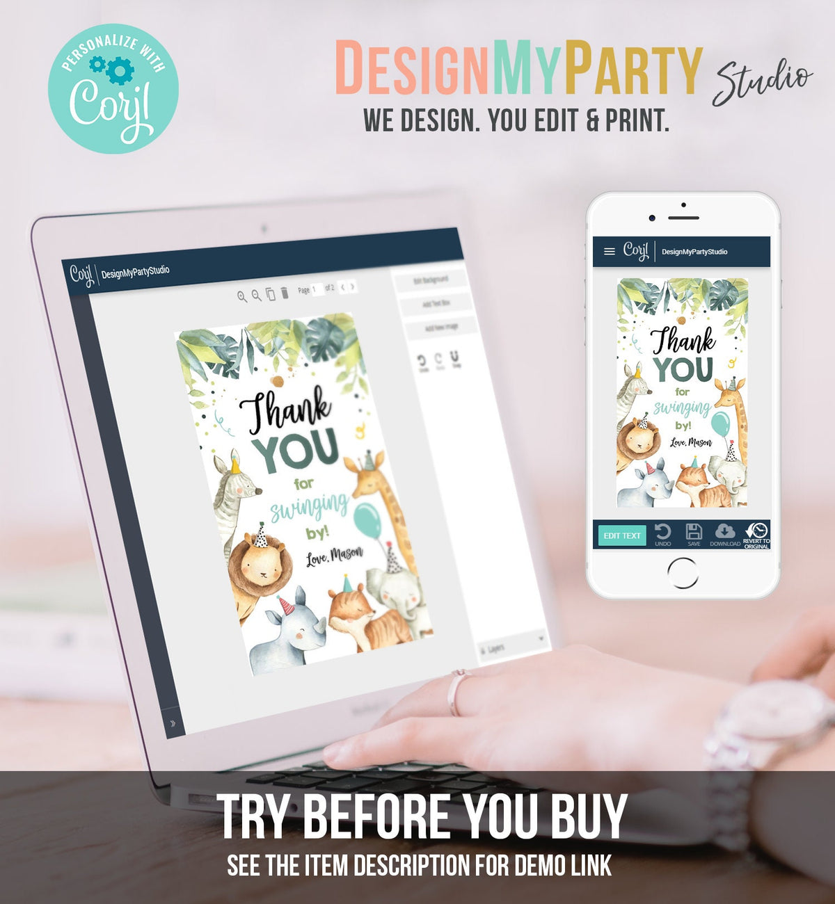 Editable Safari Animals Favor Tag Wild One Party Animals Birthday Thank You Tag Watercolor Boy Digital Download Template Printable 0163