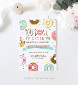 Editable Donut Birthday Invitation You Donut Want To Miss This Girl Pink Sweet Doughnut First Birthday 1st Donut Grow Up Corjl Template 0050