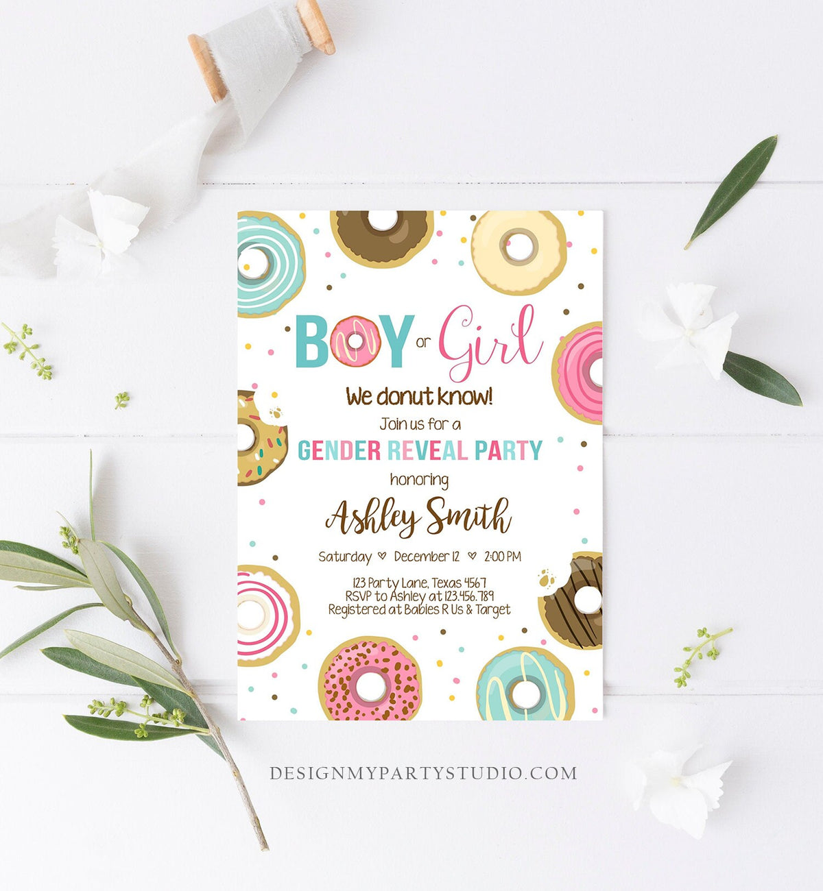 Editable Donut Gender Reveal Invitation Baby Shower Boy or Girl Pink or Blue He or She Pink Sweet Corjl Template Download Digital 0050