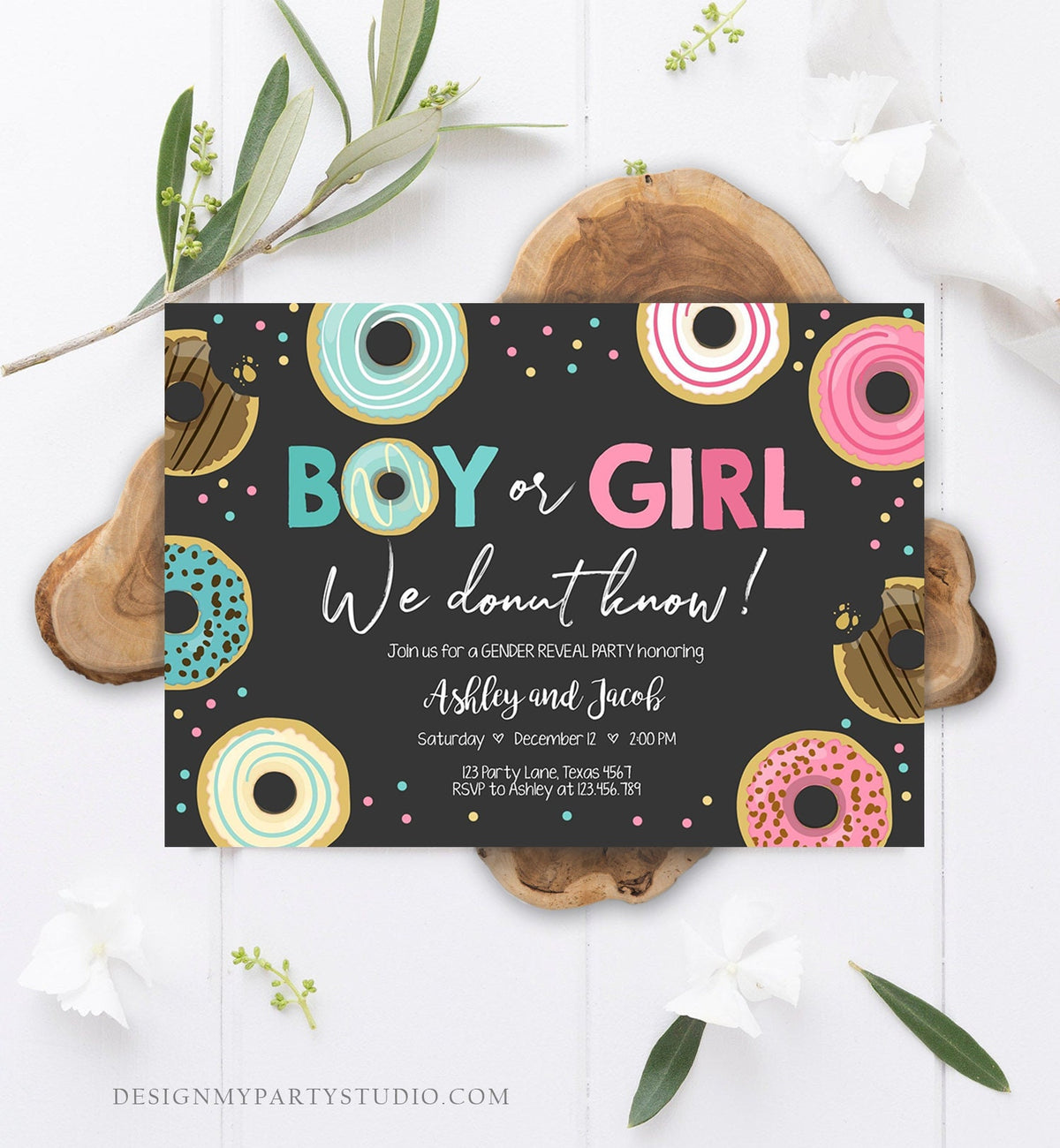 Editable Donut Gender Reveal Invitation Baby Shower Boy or Girl Pink or Blue He or She Pink Sweet Corjl Template Download Digital 0050