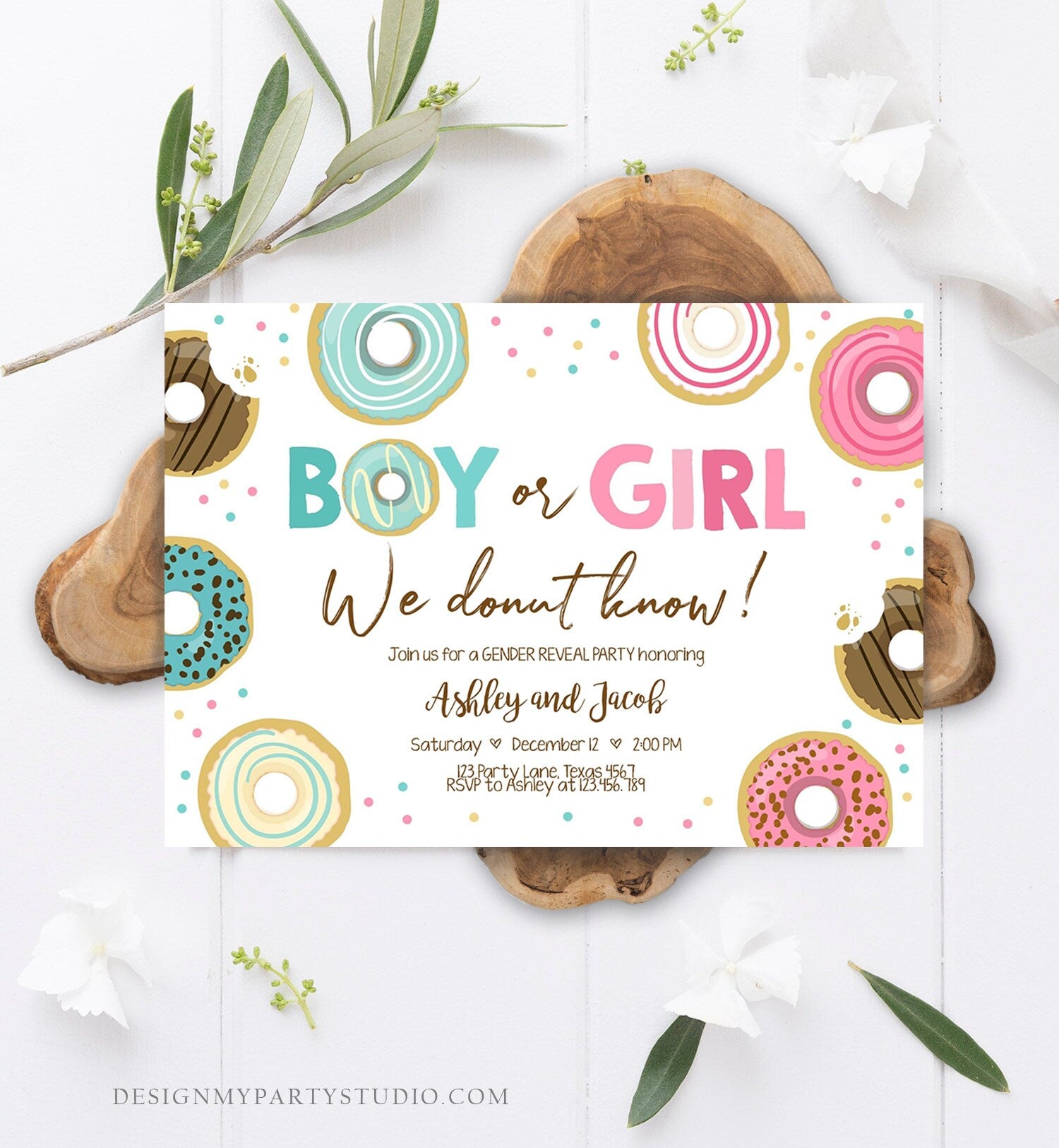 Editable Donut Gender Reveal Invitation Baby Shower Boy or Girl Pink or Blue He or She Pink Sweet Corjl Template Download Digital 0050