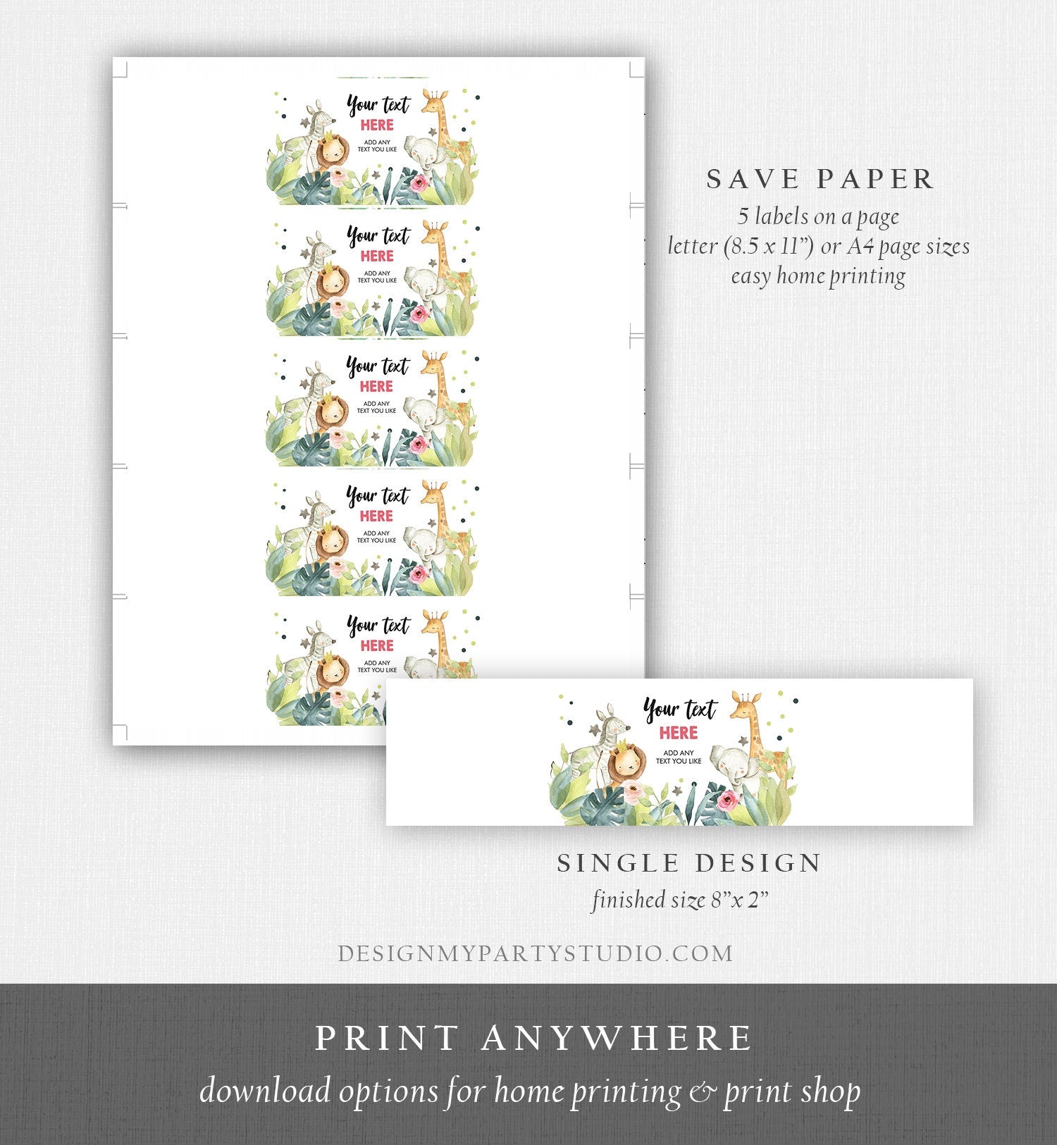 Editable Water Bottle Labels Safari Animals Girl Birthday Wild One Birthday Decor Jungle Pink and Gold Zoo Printable Corjl Template 0163