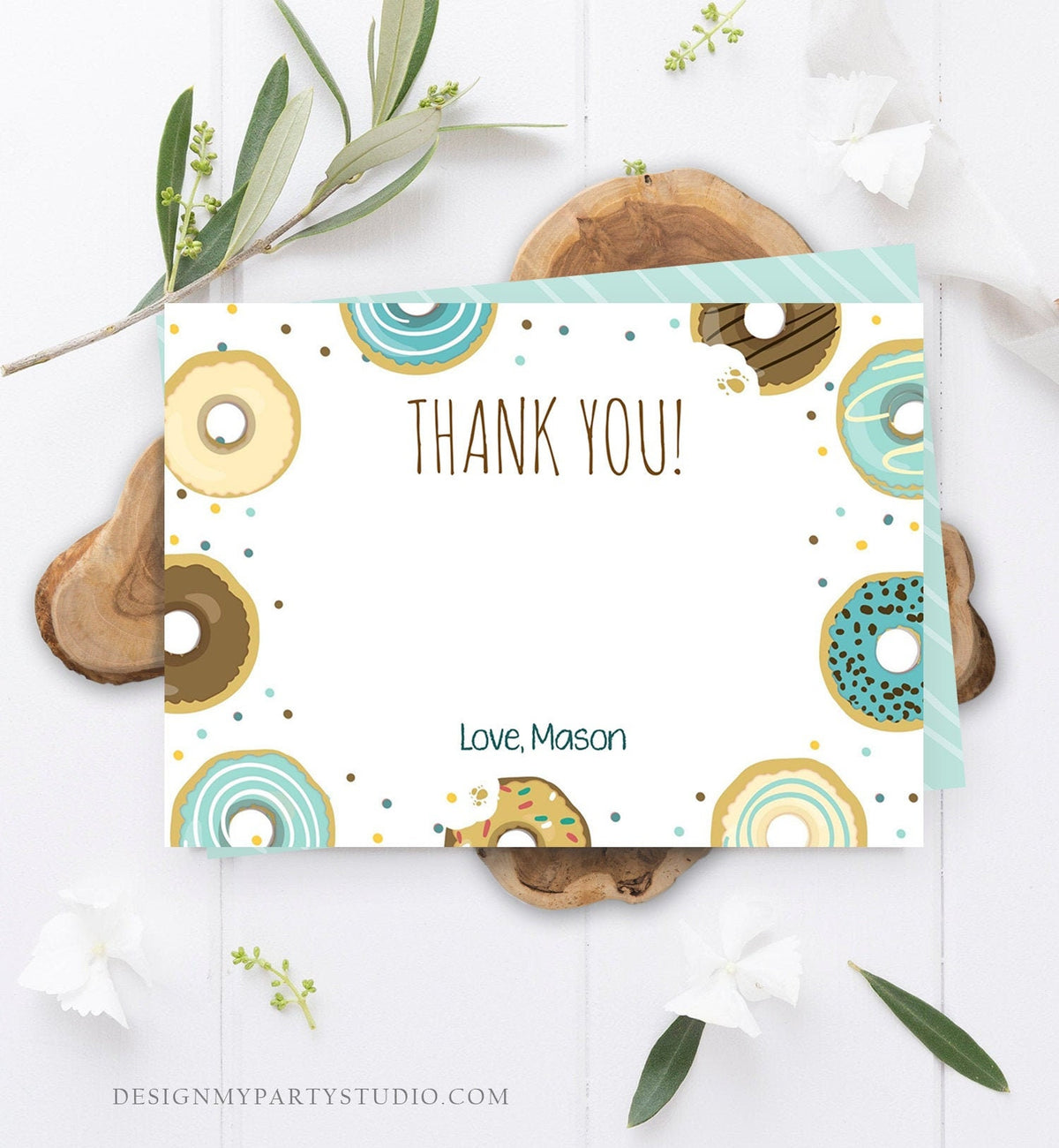 Editable Donut Thank You Card Note Blue Boy Birthday Party Doughnut Thank You Photo Sweet First Birthday 1st Corjl Template Printable 0050