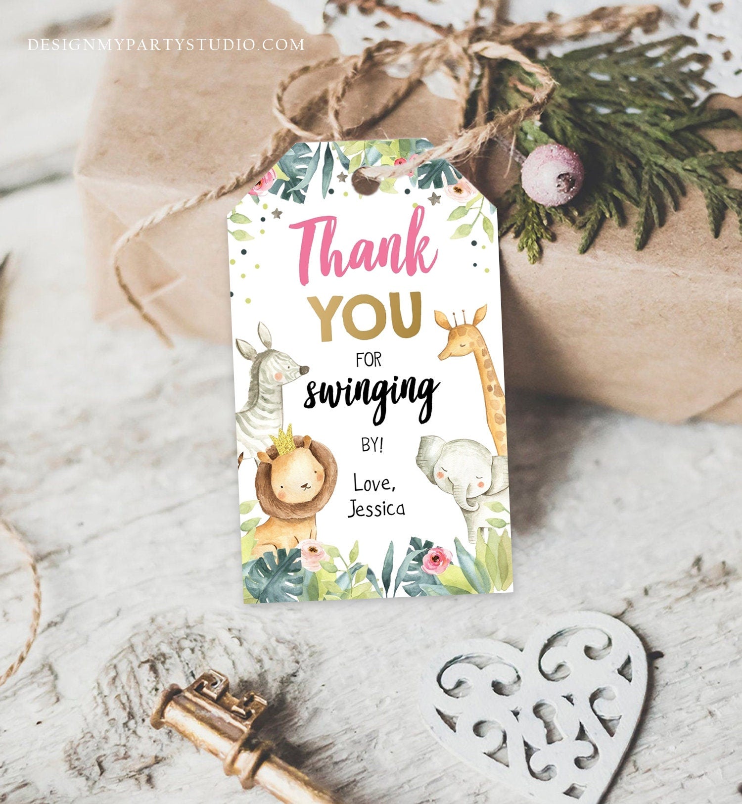 Editable Favor tags Safari Animals Wild One Birthday Thank you tags Jungle Girl Gold Pink Swinging By Gift tags Zoo Template Corjl 0163