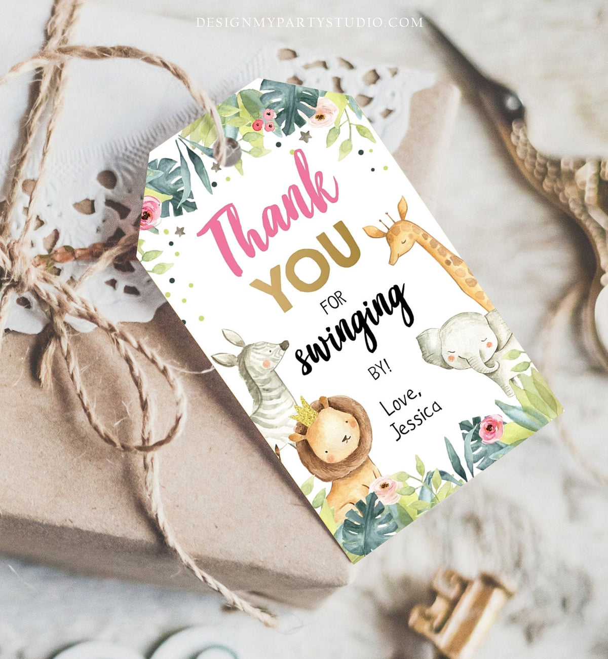 Editable Favor tags Safari Animals Wild One Birthday Thank you tags Jungle Girl Gold Pink Swinging By Gift tags Zoo Template Corjl 0163