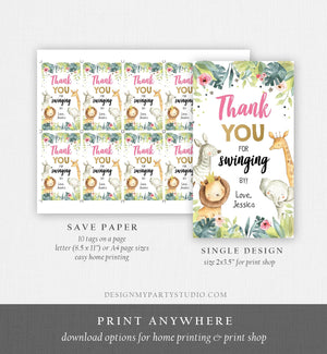 Editable Favor tags Safari Animals Wild One Birthday Thank you tags Jungle Girl Gold Pink Swinging By Gift tags Zoo Template Corjl 0163