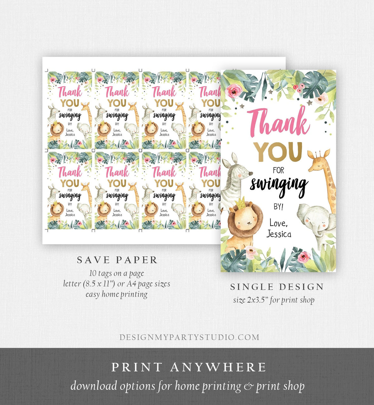 Editable Favor tags Safari Animals Wild One Birthday Thank you tags Jungle Girl Gold Pink Swinging By Gift tags Zoo Template Corjl 0163