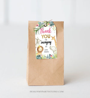 Editable Favor tags Safari Animals Wild One Birthday Thank you tags Jungle Girl Gold Pink Swinging By Gift tags Zoo Template Corjl 0163