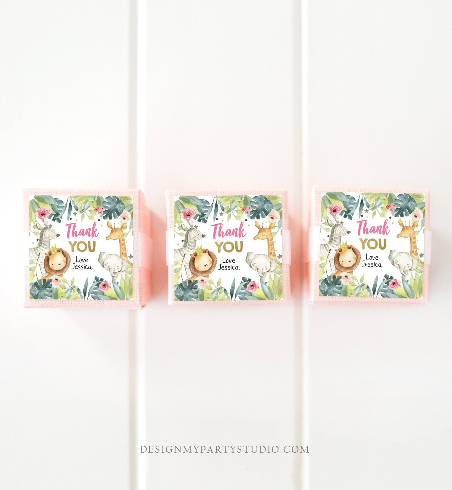Editable Safari Animals Favor Tag Stickers Party Animals Pink Gold Thank You Animals Gift Tag Girl Lion Digital Template Printable 0163