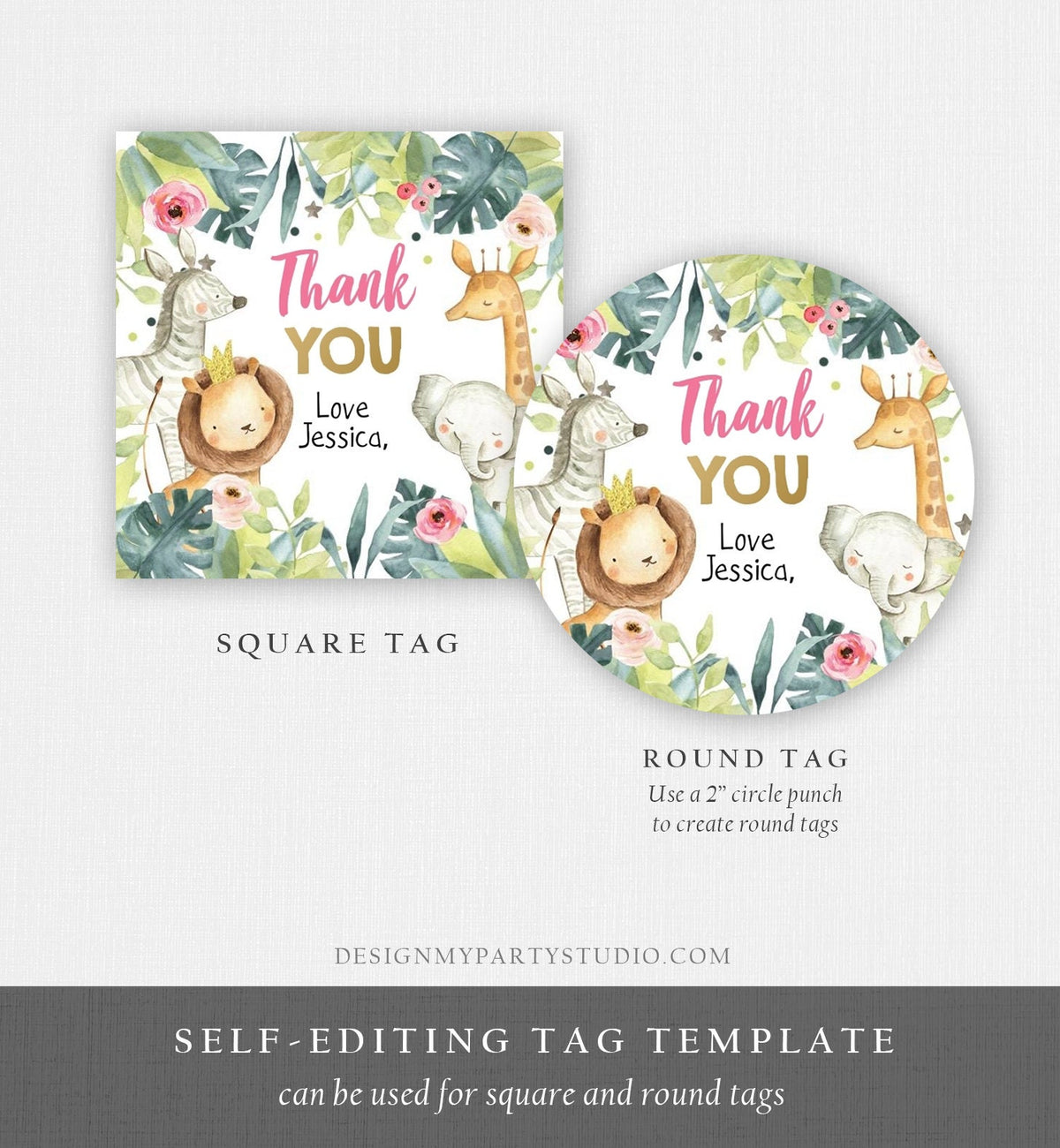 Editable Safari Animals Favor Tag Stickers Party Animals Pink Gold Thank You Animals Gift Tag Girl Lion Digital Template Printable 0163