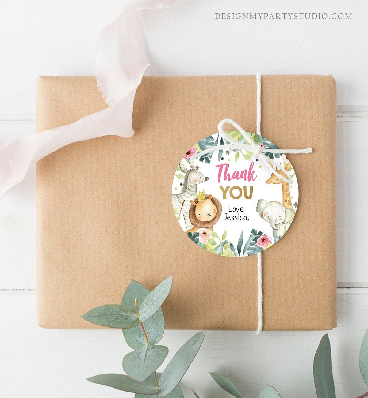 Editable Safari Animals Favor Tag Stickers Party Animals Pink Gold Thank You Animals Gift Tag Girl Lion Digital Template Printable 0163